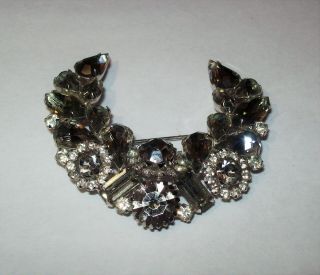 Vintage Weiss Silvertone Gray And White Rhinestone Crescent Brooch