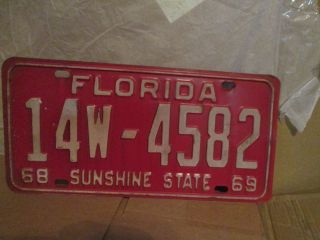 Vintage 1968 Florida Vehicle License Plate Car Sunshine State 14 W 4582 Good 69