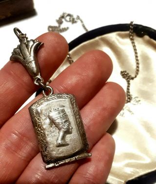 Vintage,  Art Deco Egyptian Revival Sterling Silver Pendant On Chain Necklace