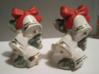 Vtg 1950s Christmas Bells Candle Hugger/ring W/ Red Bow Japan Set Of 2