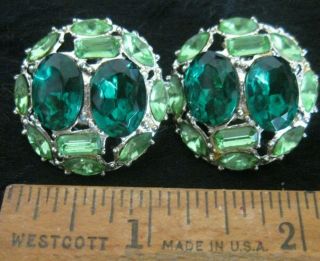 Vintage 50s Round Light & Dark Green Rhinestone Clip - On Earrings 1 " Diameter