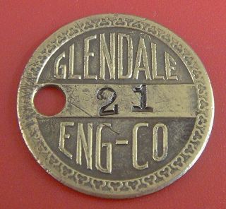 Vintage Tool Check Brass Tag: Glendale Engineering Co