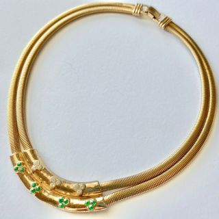 Signed Coro (pegasus) Vintage Gold Tone Emerald Rhinestone Flower Necklace 683