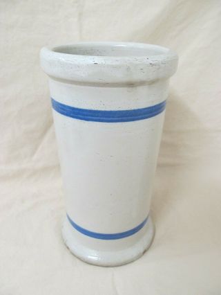 Vtg Primitive Blue Stripe Stoneware 12 " Tall 5.  5 " Diam Cylinder Pottery Crock