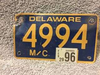 Vintage Delaware Motorcycle License Plate 4994