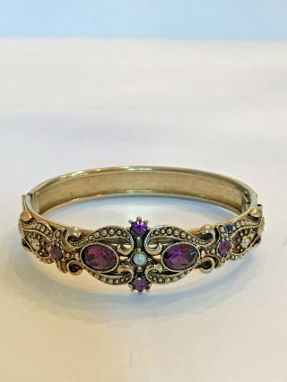 Vintage Avon Clamper Bracelet Purple Stones Gold Tone Pearls Ornate Hinged Band