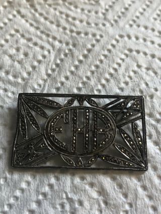 Antique Art Deco Sterling Silver & Marcasite Pin Brooch With Initials Ehb - 1.  75 "