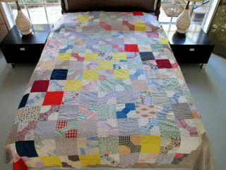 Missing Corner,  Needs Tlc: Vintage Feed Sack Hand Pieced Bow Tie Quilt Top