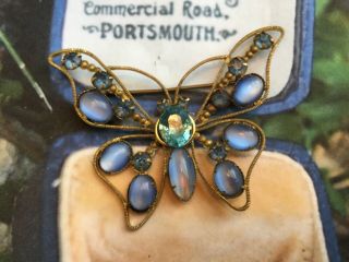 Vintage Art Deco Fine Baby Blue Glass Crystal Gold Butterfly Brooch Jewellery