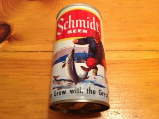 Vintage Schmidt Beer Can W Graphic Of Ice Fishing Scene W Large Fish.