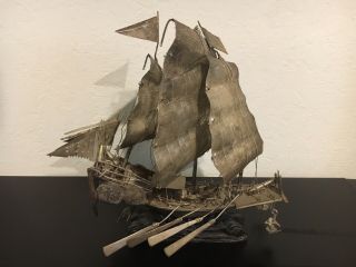 Vintage Silver Chinese Model Ship On Wood Stand