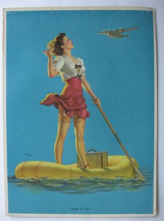 Vintage Del Masters Pinup Litho " Going My Way " Waving To Flying Boat