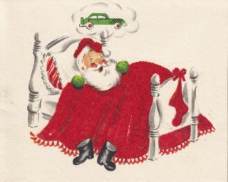 1940s Vintage Christmas Card Flocked Santa In Bed Dreams Of Lincoln Continental