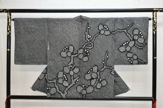 Vintage Silk Kimono Jacket:fully Shibori Black Plum Blossom@yt07