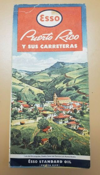 1950s Esso Puerto Rico Vintage Road Map / Cover Art / Written In Spanish