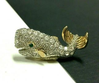 High End Vintage Pave Rhinestone Whale Brooch Pin Fish Figural Gold Pl V106c