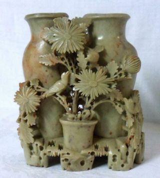 Vintage Chinese Soapstone Double Brush Pot Vase