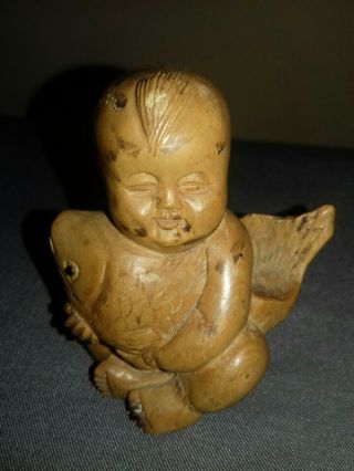 Vintage Antique Japanese Hand Carved Wooden Boy With Fish Statue Figure Ornament