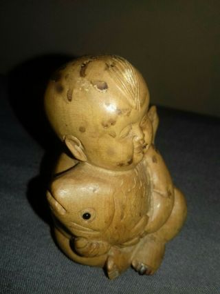 Vintage antique japanese hand carved wooden boy with fish statue figure ornament 2