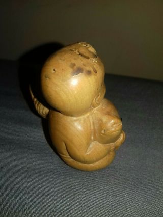 Vintage antique japanese hand carved wooden boy with fish statue figure ornament 3