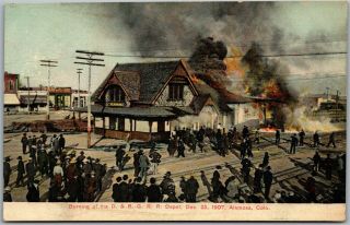 Alamosa Co Burning Of D&rg Rr Train Depot Vintage Colorado Railroad Postcard D8