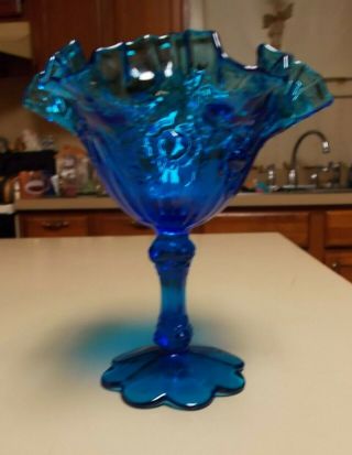 Vintage Fenton Art Glass Compote Colonial Blue Rose Pattern Crimped Top