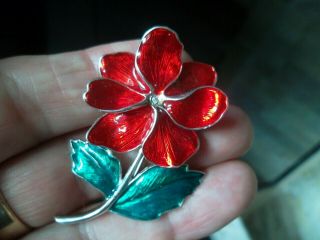 Vintage Costume Jewellery Brooch Pin Signed With 2 Fish Red/green Poppy Retro Ol