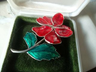 VINTAGE COSTUME JEWELLERY BROOCH PIN SIGNED WITH 2 FISH RED/GREEN POPPY RETRO OL 2