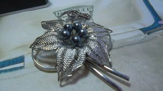 Vintage Costume Jewellery Brooch Pin Silver Filigree Wires Berries Swirls Large