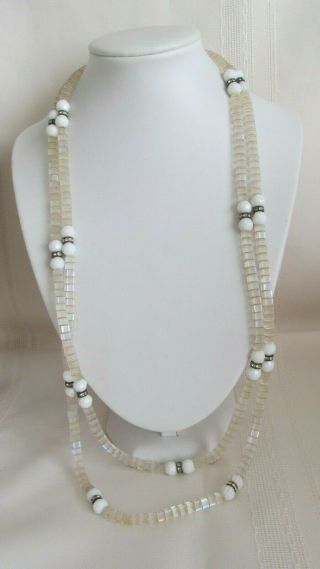Vintage Faceted Milk Glass Beads,  Rhinestone & Ribbed Glass 56 " Necklace 3