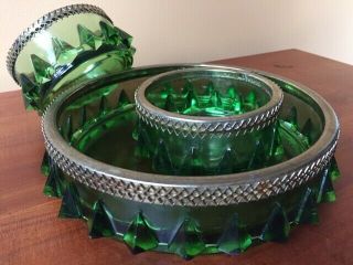 Mid Century Vintage Green Uranium Glass Bowls Ashtrays Metal Rims 5 Cm Deep