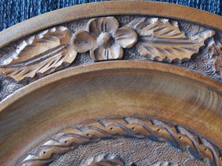 Vintage Large Wooden Carved Plate Charger Wood Flower Leaves Pattern
