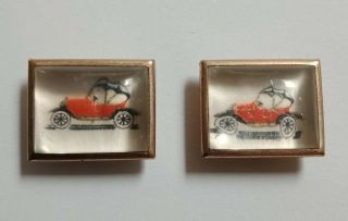 Vintage 1940s Lucite Button Buttons (2) Old Vintage Red Car Print Gilt