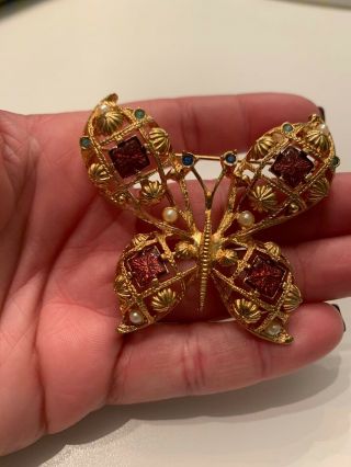 Vintage Gold Tone Rhinestone Enamel Butterfly Insect Brooch Pin Signed Avon