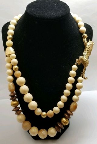 Vintage Plastric Chunky Double Strand Beaded Necklace With Leopard Clasp