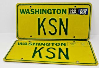Vintage Washington Personalized Vanity License Plate Ksn Yellow Match Set Pair
