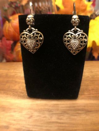 Vintage Brighton Silver Tone Rhinestone 3d Heart Dangle Pierced Earrings