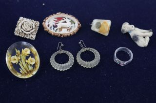 7 X Vintage Lucite & Early Plastic Jewellery Inc.  Reverse Carved,  Puppy Brooch
