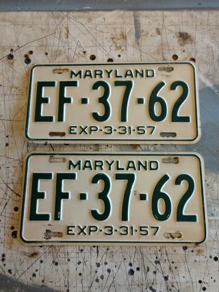 Maryland 1956 / 1957 License Plate Pair - Quality Tag Ef:37:62