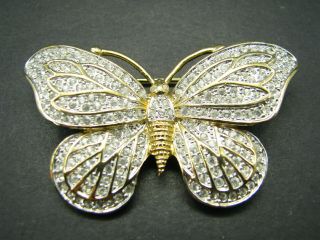 Vintage Flashy Gold Tone Brooch Pin Butterfly Pave Rhinestones Bling Lknw