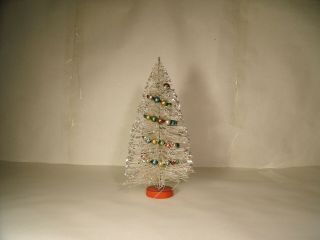 Vtg Small Mid Century Plastic Christmas Tree Decorated With Balls 10 1/2” Tall