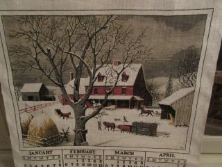 Vintage 1977 Linen Cloth Kitchen Calendar Primitive Folk Art Scene By Kay Dee