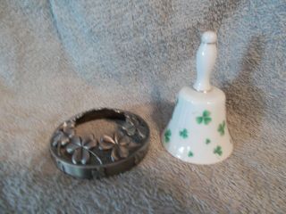 Vintage Porcelain Bell Irish Clover Shamrock Design 4 " & Metal Candle Topper