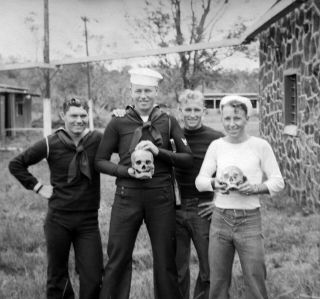 Vtg C.  1940s Orig Photo Film Negative Navy Usn Sailors Holding Human Skulls 2