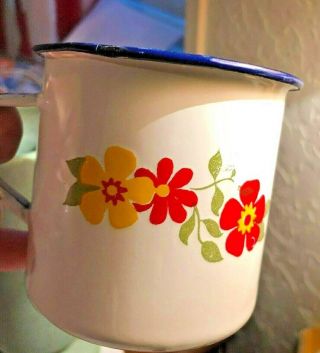 Vintage White Blue Trim Enamelware Cup/mug Monterrey Mexico Red Yellow Flowers