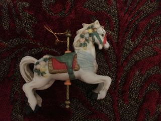 Vintage Christmas Ornaments Carosel Horse.  Ceramic On A Brass Pole 4” Long