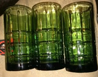 Vintage Heavy Anchor Hocking Tartan Olive Green Glasses Set Of 3 6 1/4 " 16 Oz