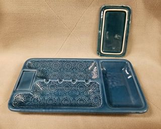 Vintage Large Blue Ceramic Glazed Ashtray - With Covered Compartment 10 " X 5 "