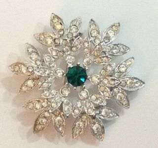 Vtg.  Designer Coventry Rhinestone Flower Pin Brooch Emerald Green Clear 13