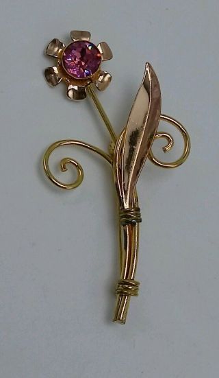 Vintage Van Dell 1/20 12k Gold Filled Flower Pin Brooch Ruby Pink Rhinestone